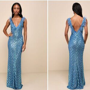 Lulus Luminous Muse Blue Sequin Feather Backless Mermaid Maxi Dress